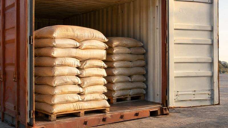 Open shipping container loaded with palletised sacks