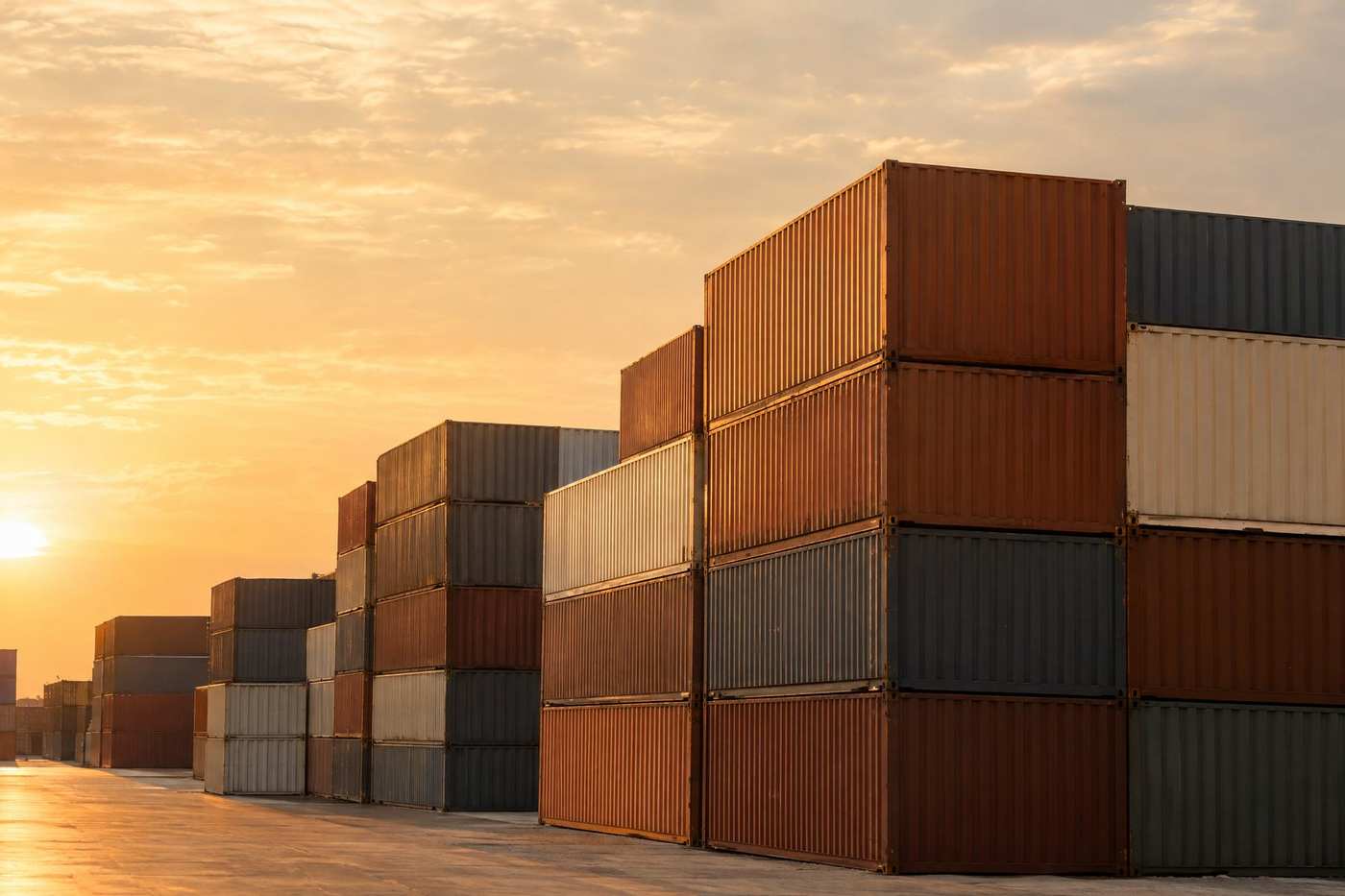 Stacks of containers at a port at golden hour