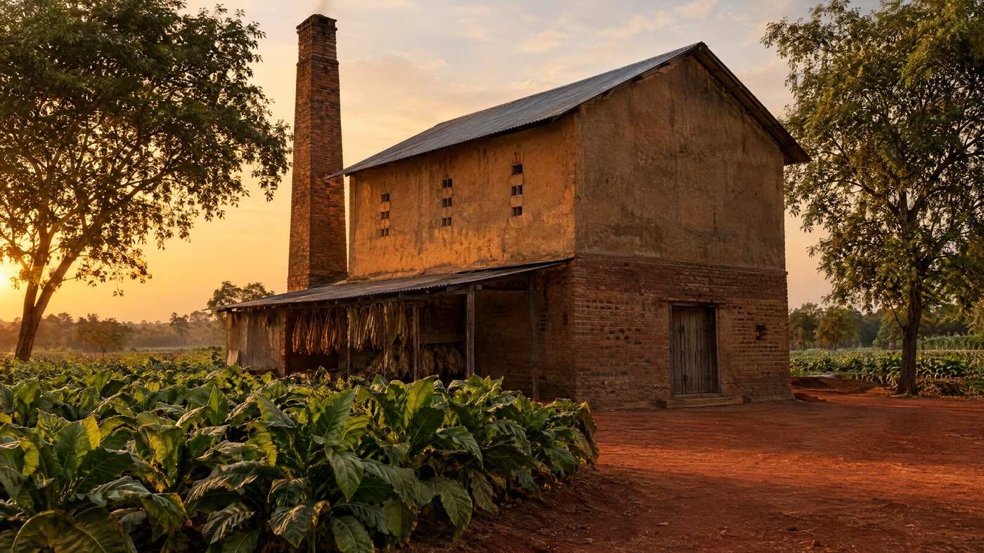 Tobacco curing barn with a chimney at golden hour