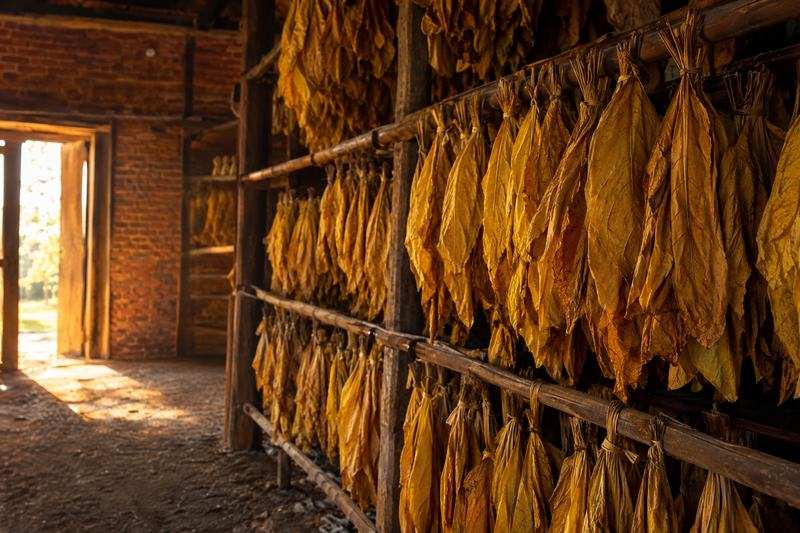 Tobacco leaves hung on rods inside a curing barn