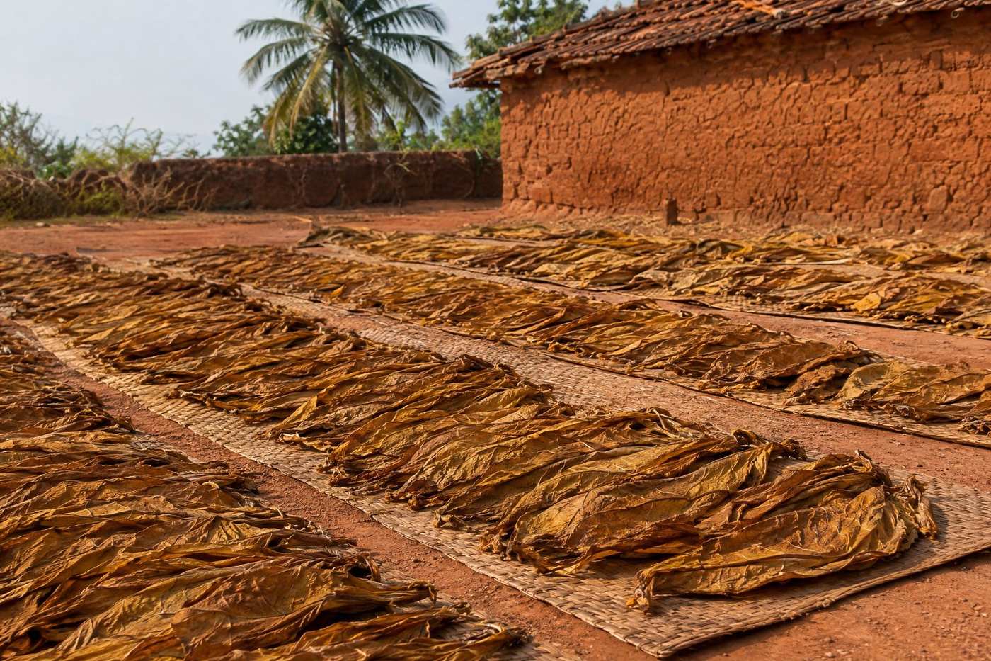 Tobacco leaves sun-curing on mats in a village yard