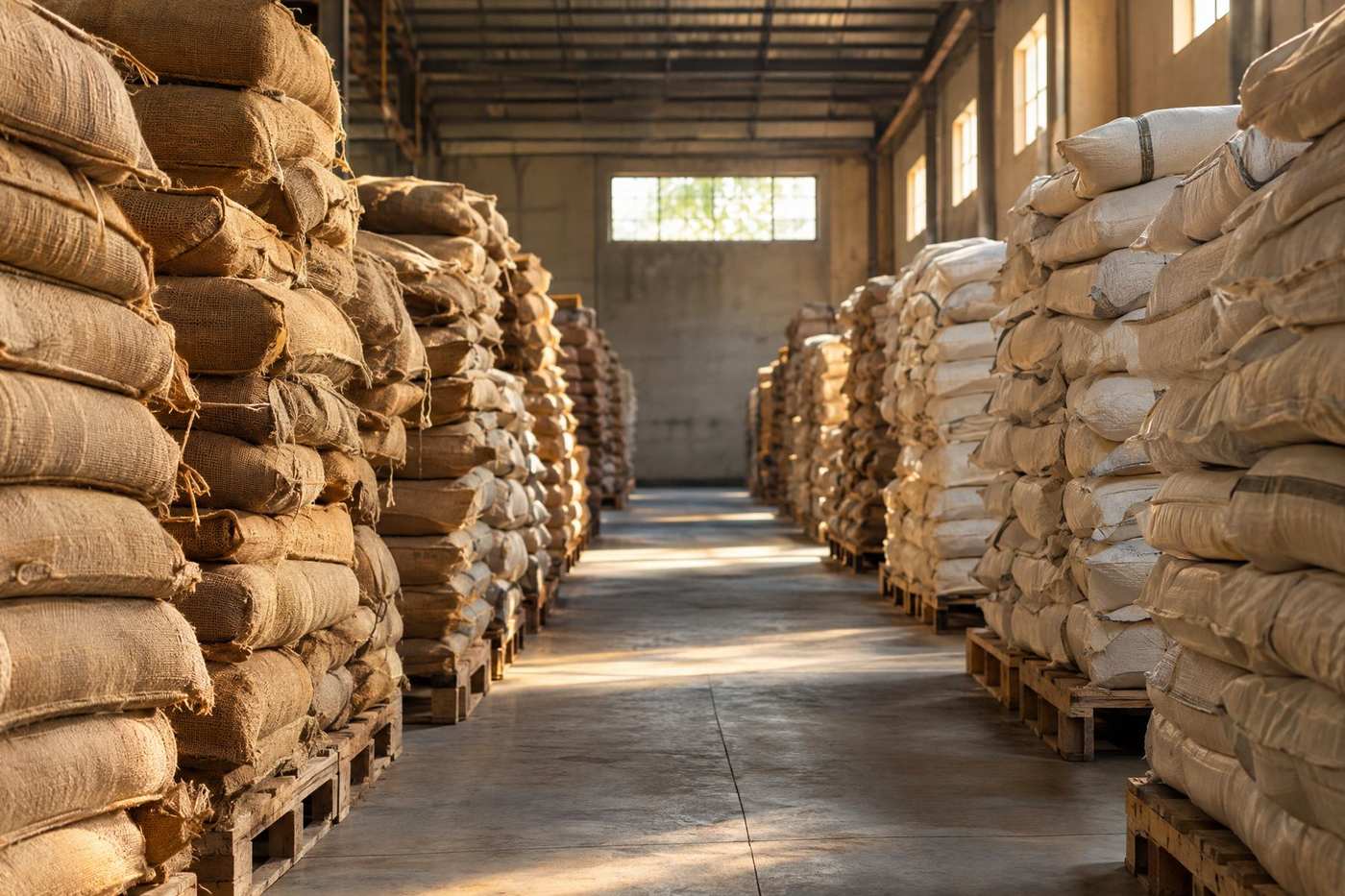 Central aisle between pallets of stacked sacks in a warehouse