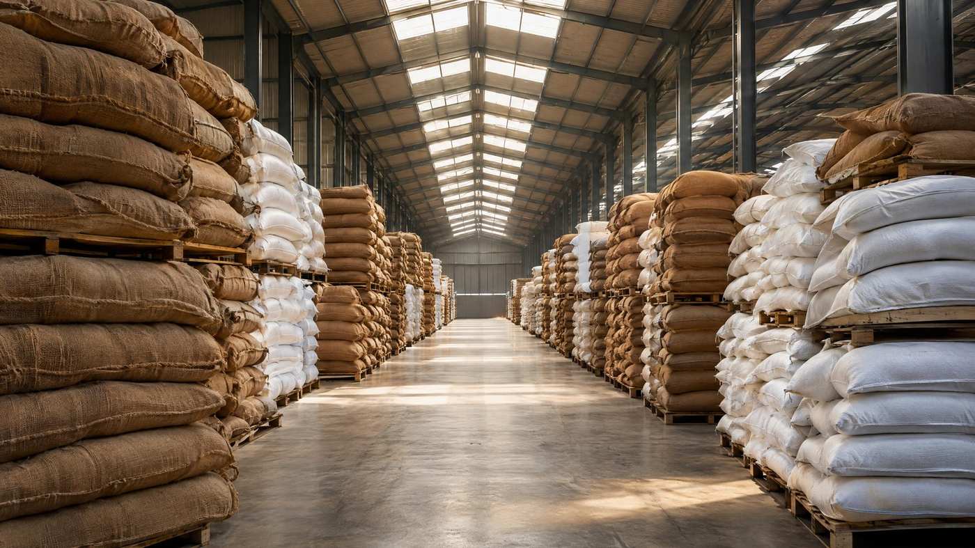 Long rows of stacked jute and white woven sacks inside a bright warehouse
