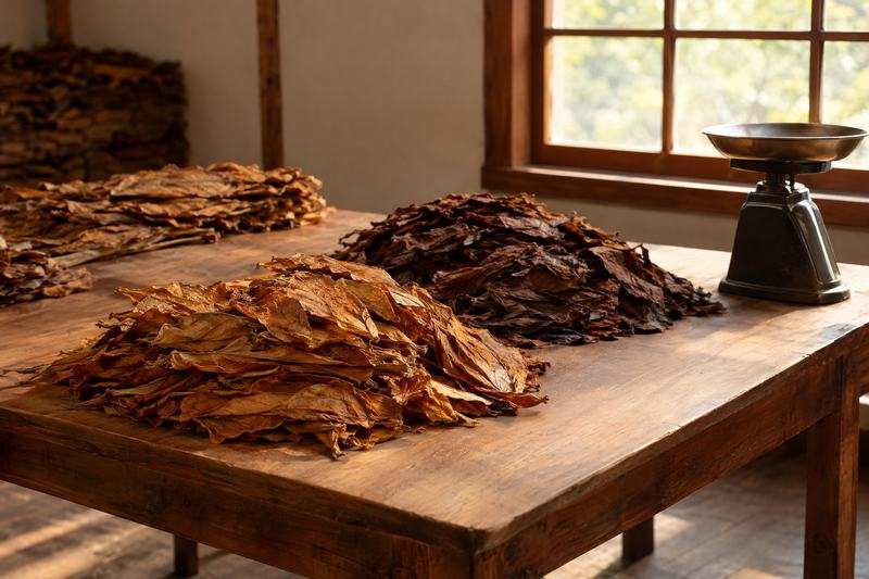 Wooden grading table with piles of graded tobacco leaf and a scale