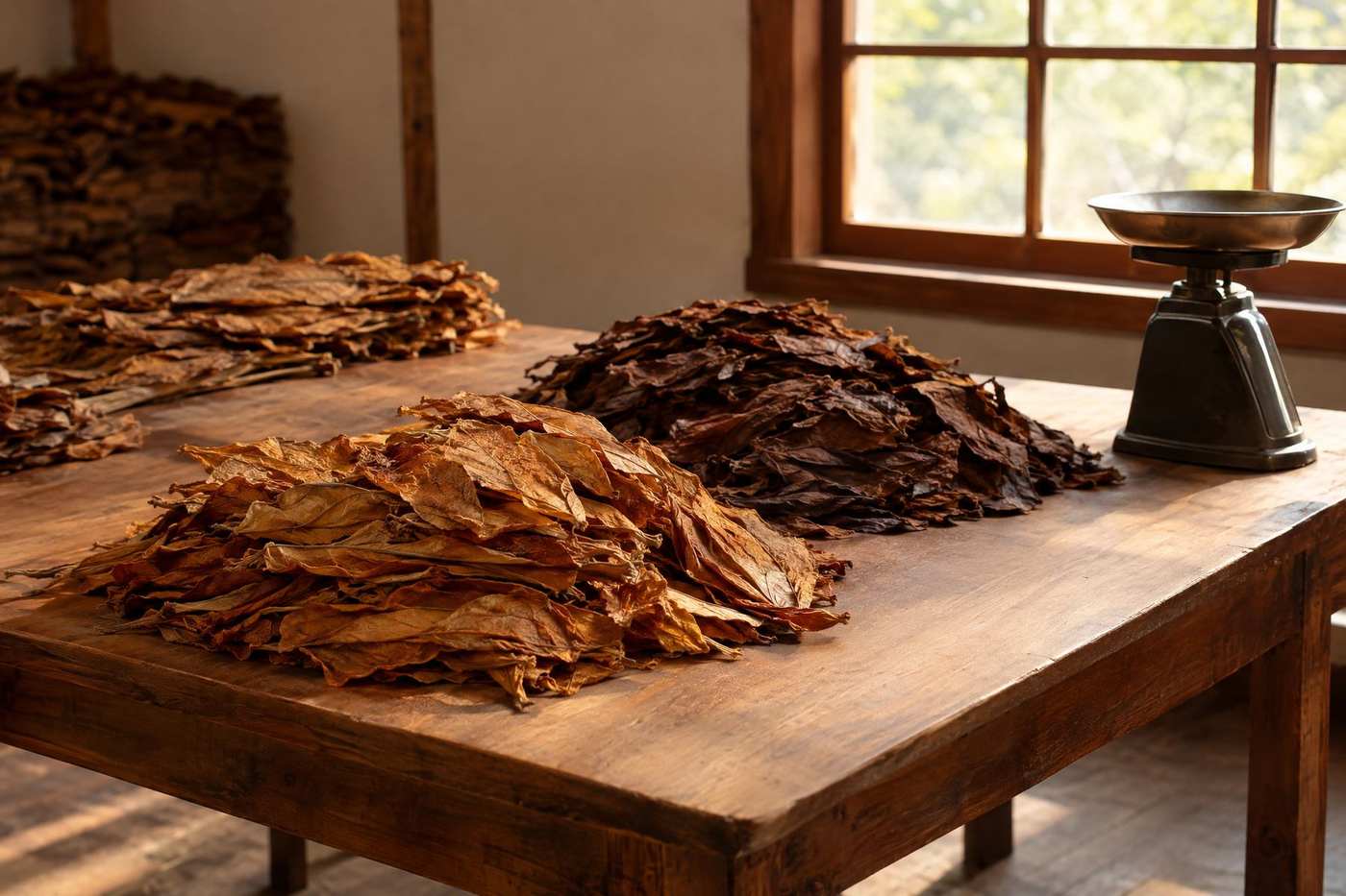 Wooden grading table with piles of graded tobacco leaf and a scale
