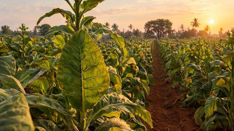 Golden-hour tobacco field in India with a broad mature leaf in the foreground