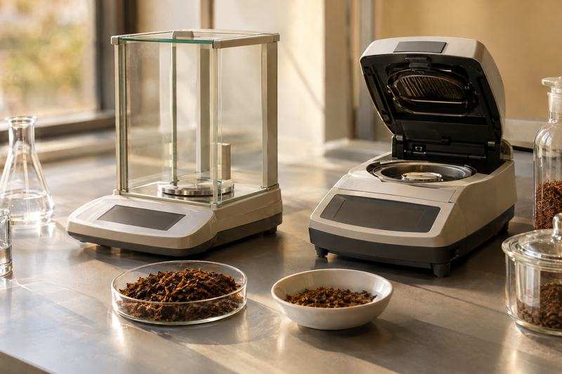 Laboratory bench with a precision balance, moisture analyser and tobacco samples