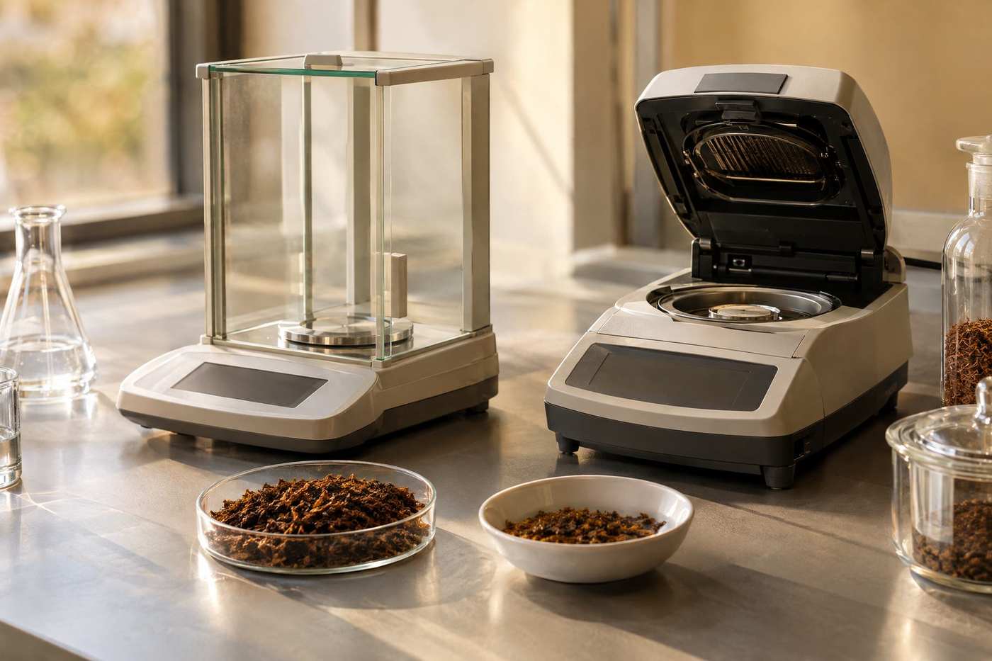 Illustrative image of a laboratory bench with a balance and tobacco samples