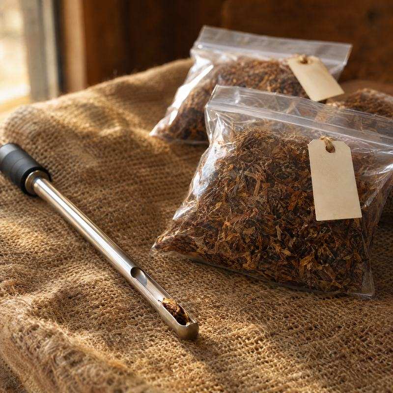 Sampling probe and sealed sample bags of tobacco on a jute sack