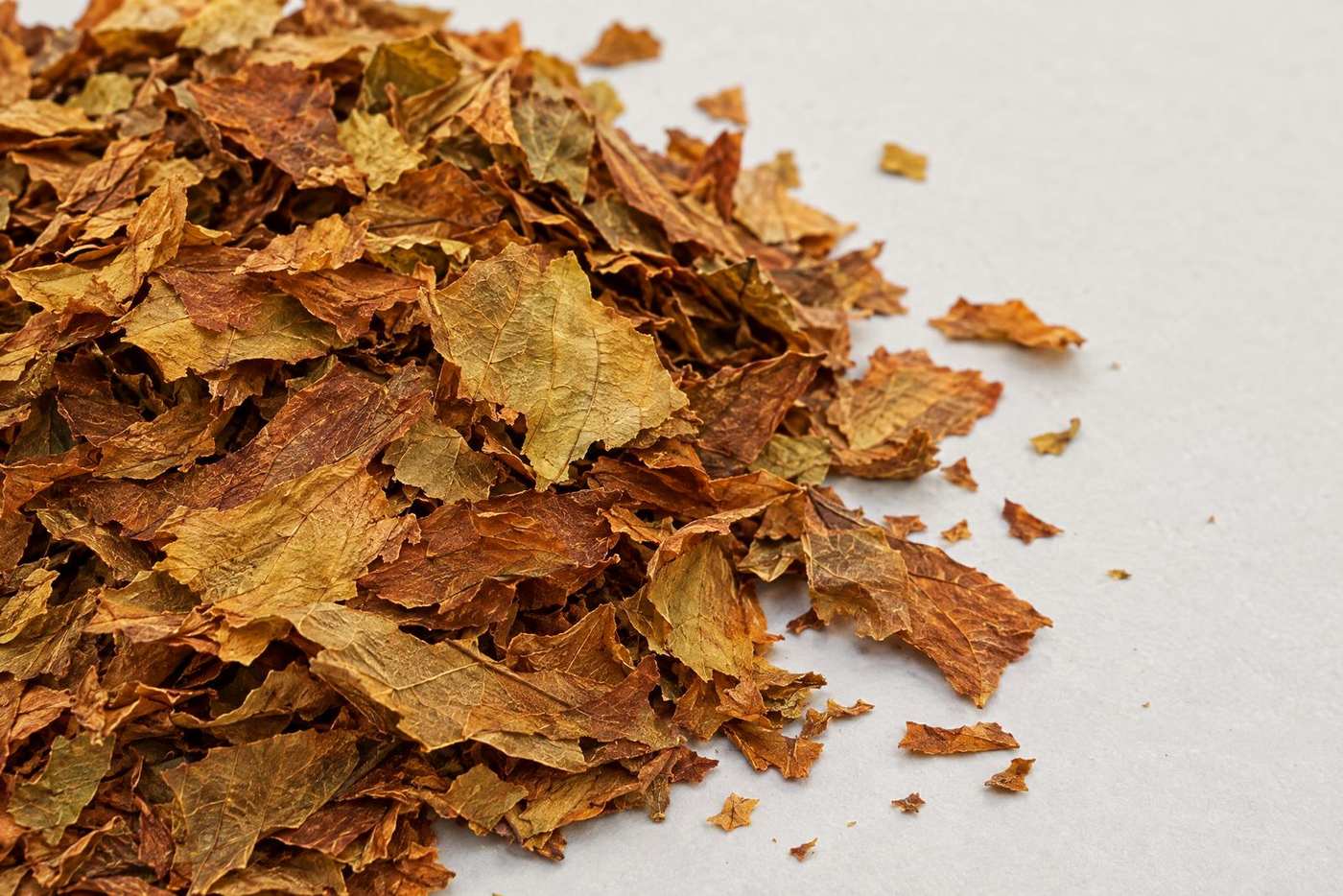 Close-up of golden-brown cut tobacco lamina flakes