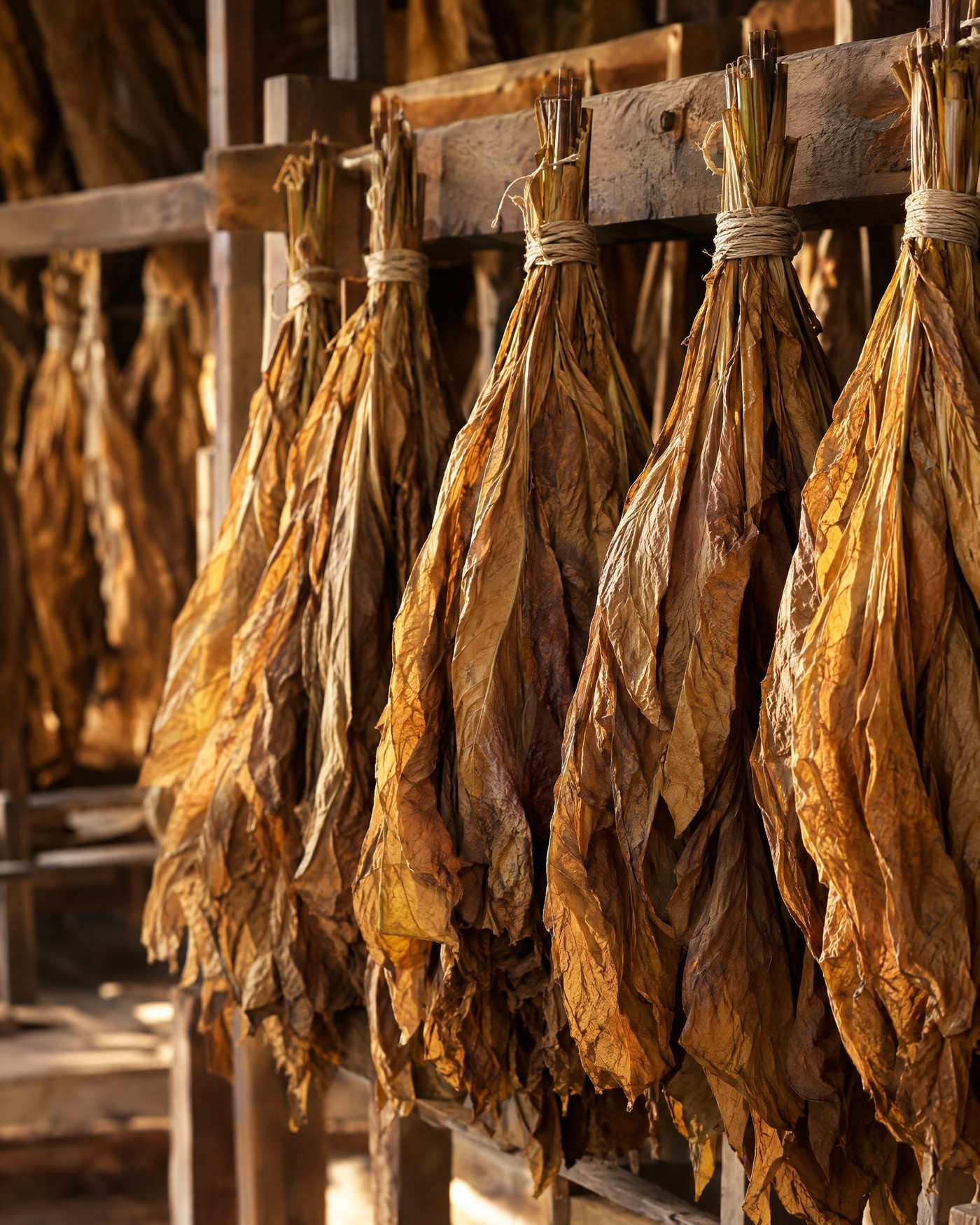 Bundles of cured golden-brown tobacco leaf tied and hanging on a wooden rack in warm light