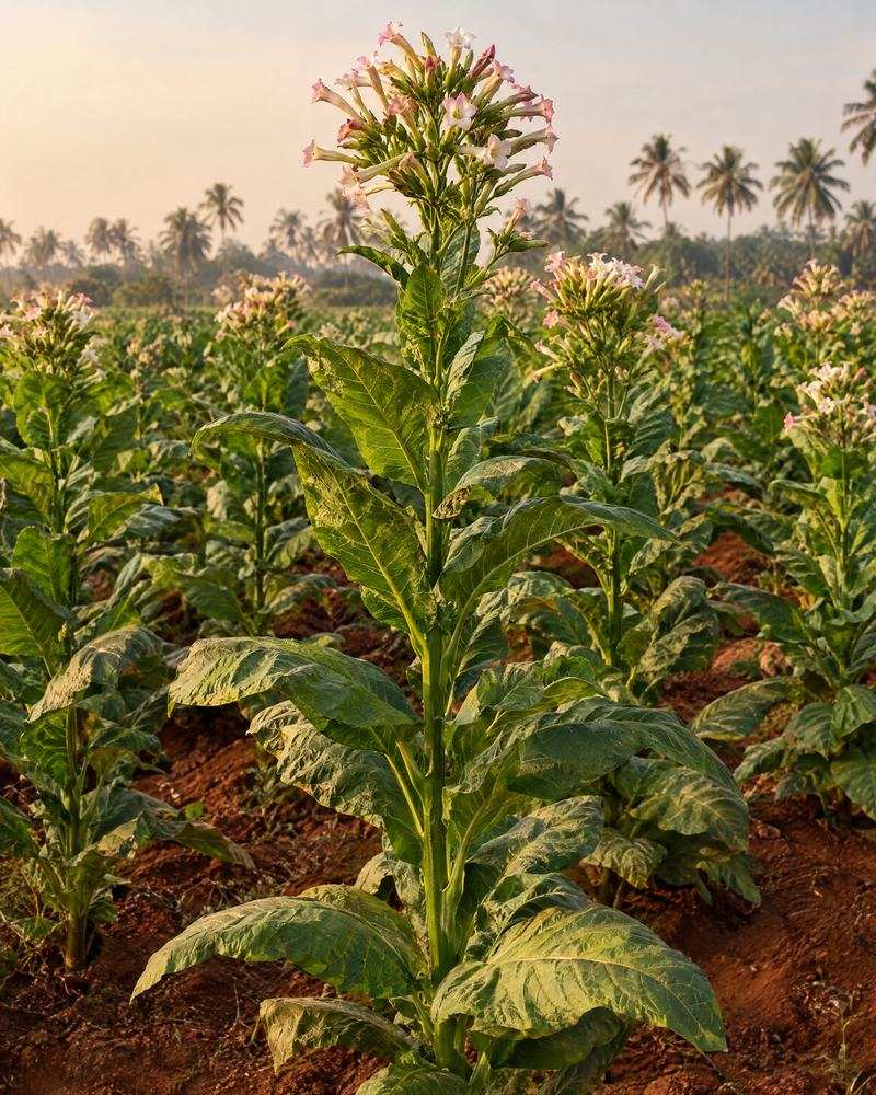 Tall flowering tobacco plants in an Indian field