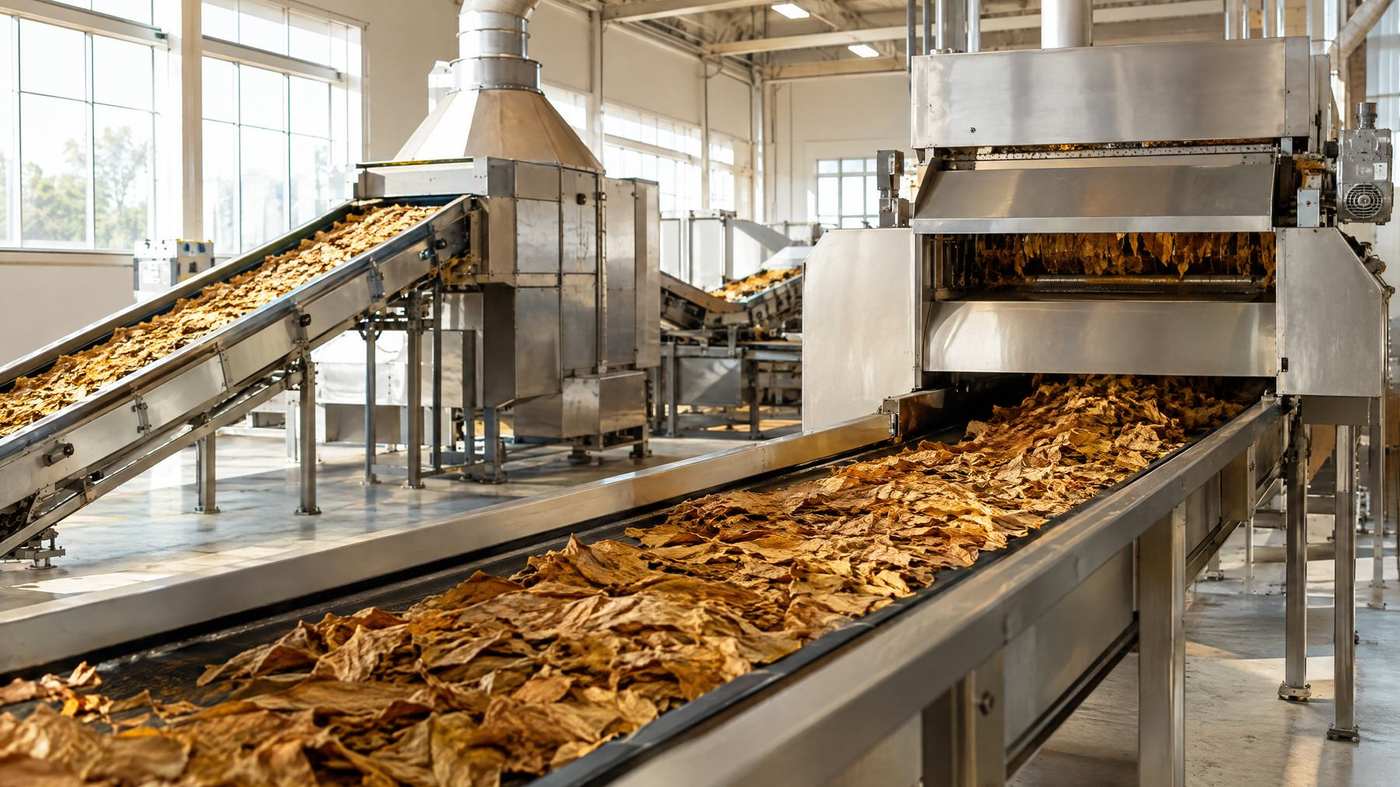 Steel processing line with conveyors carrying golden-brown tobacco leaf