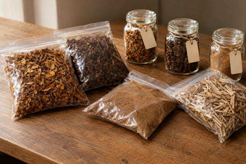 Sealed sample bags and small jars of tobacco material with blank tags on a wooden bench
