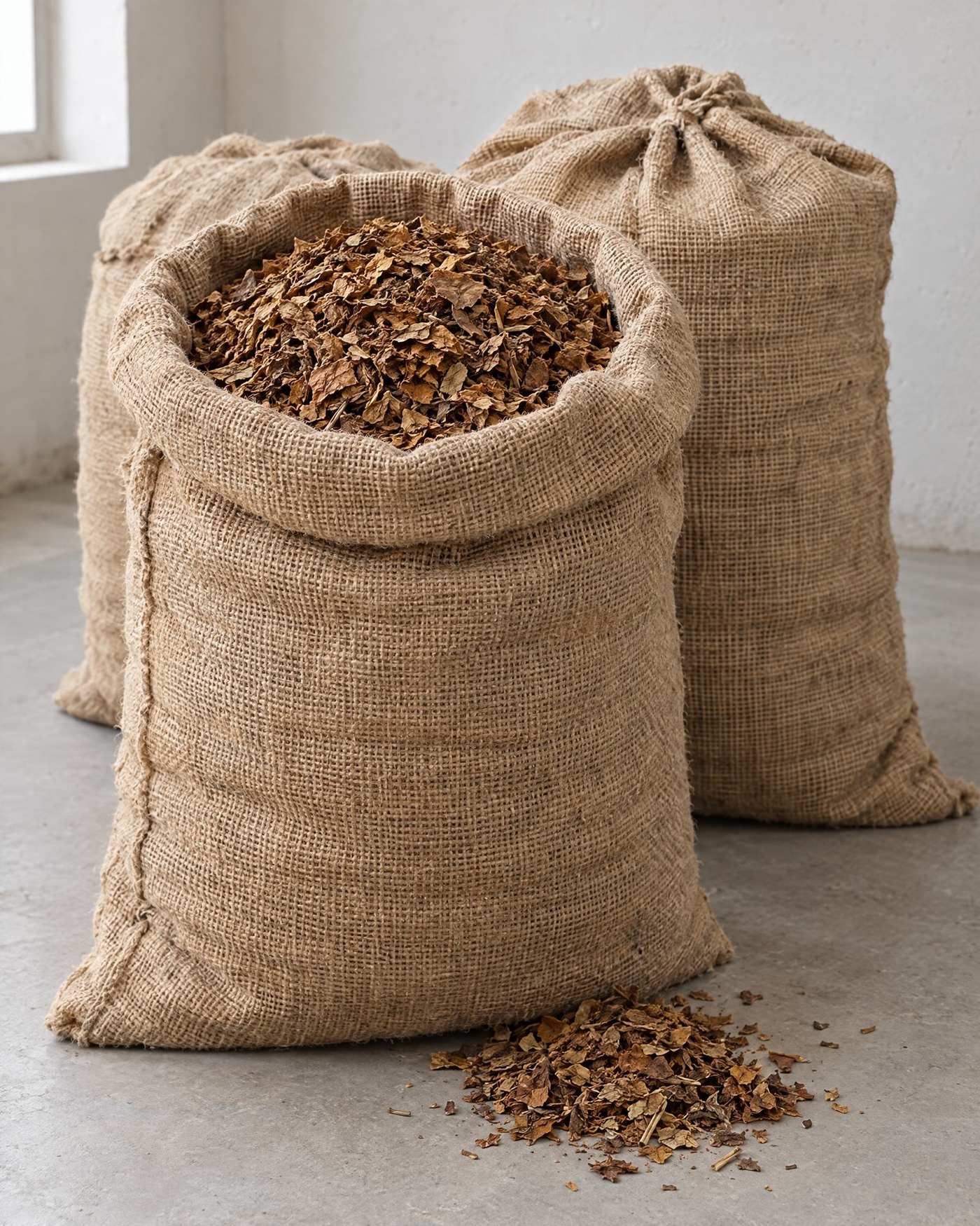 Open jute sacks with dark-brown tobacco scrap spilling onto a warehouse floor