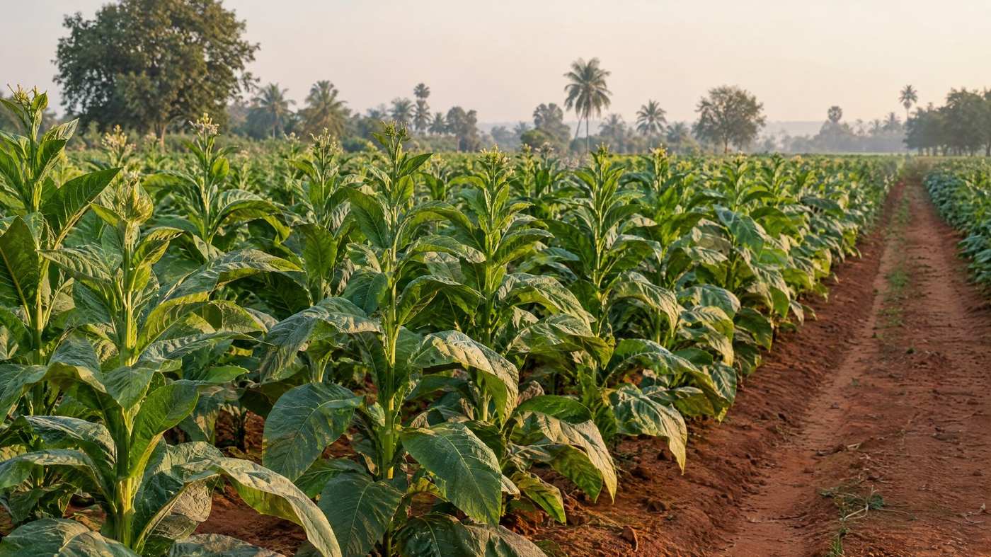 Rows of tobacco plants beside a red-soil farm track