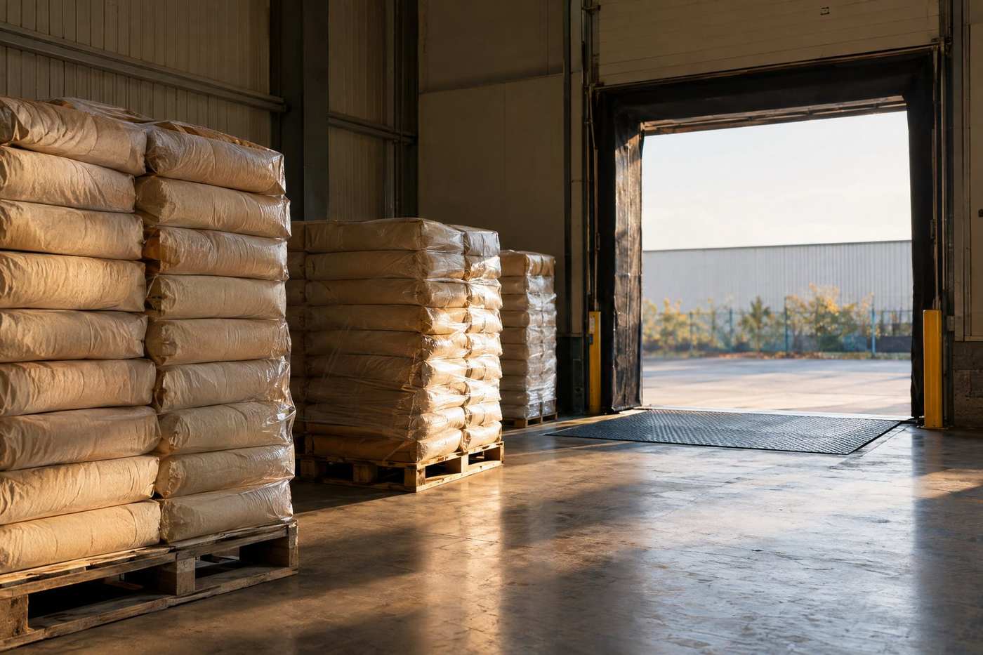 Warehouse loading bay with pallets of sacks ready for dispatch