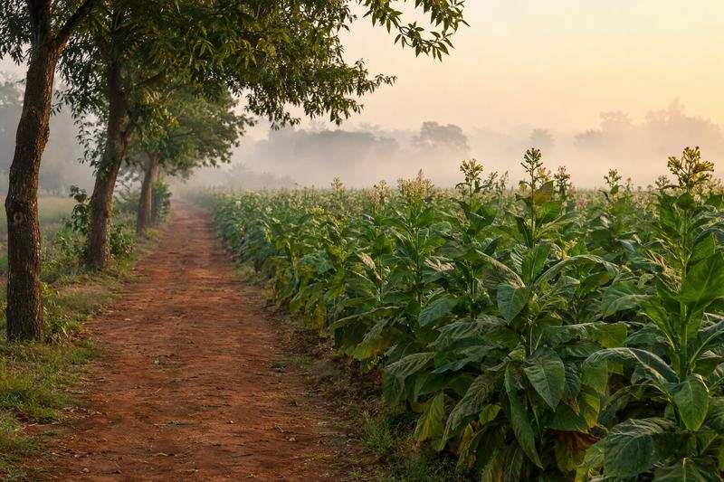 Misty farm track beside tobacco fields with neem trees