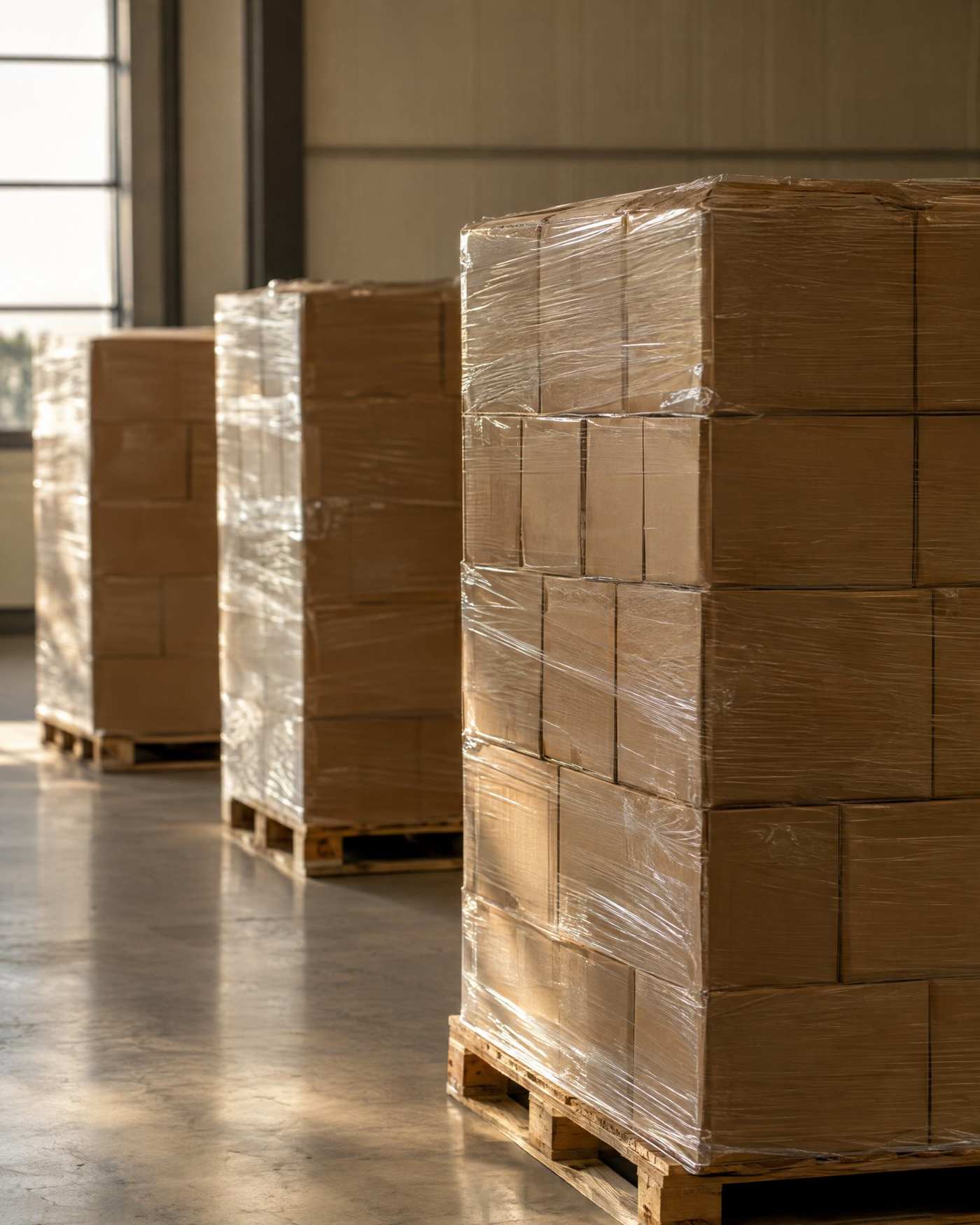 Shrink-wrapped pallets of plain brown cartons in a warehouse