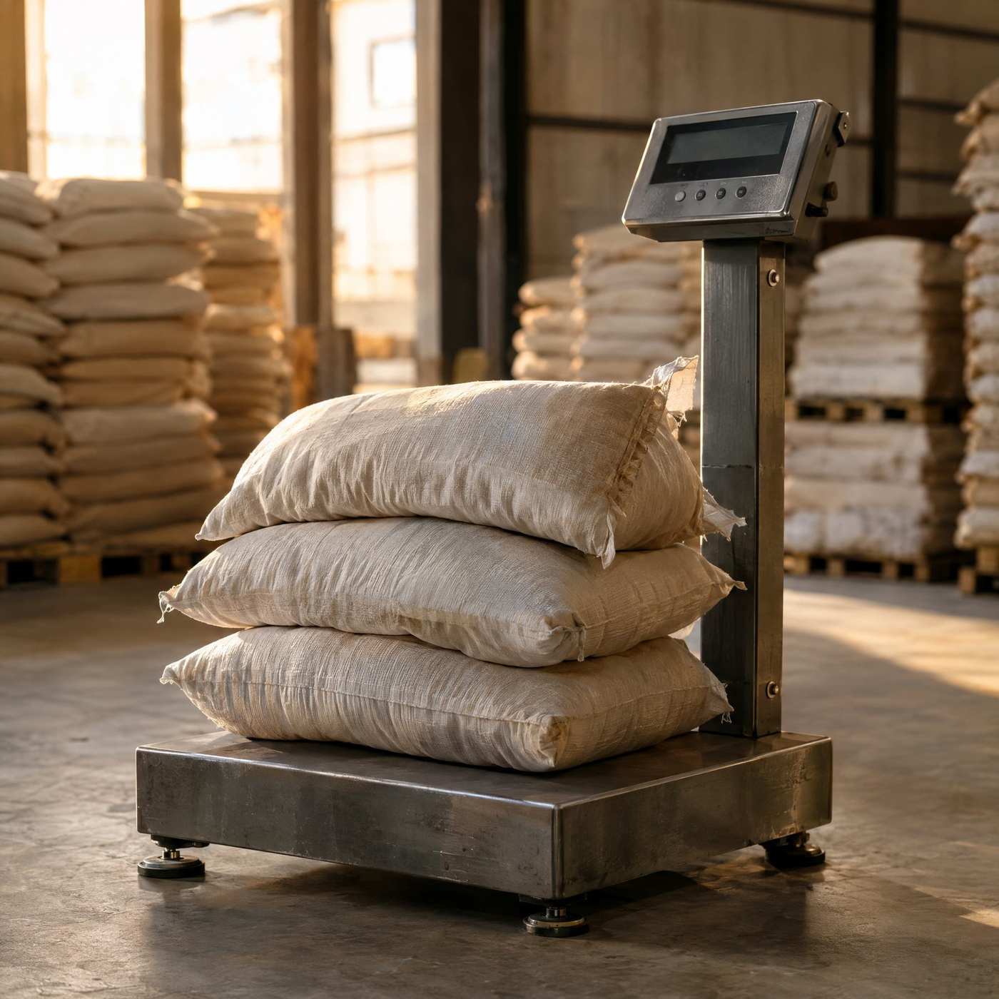 Illustrative image of a platform scale with stacked sacks