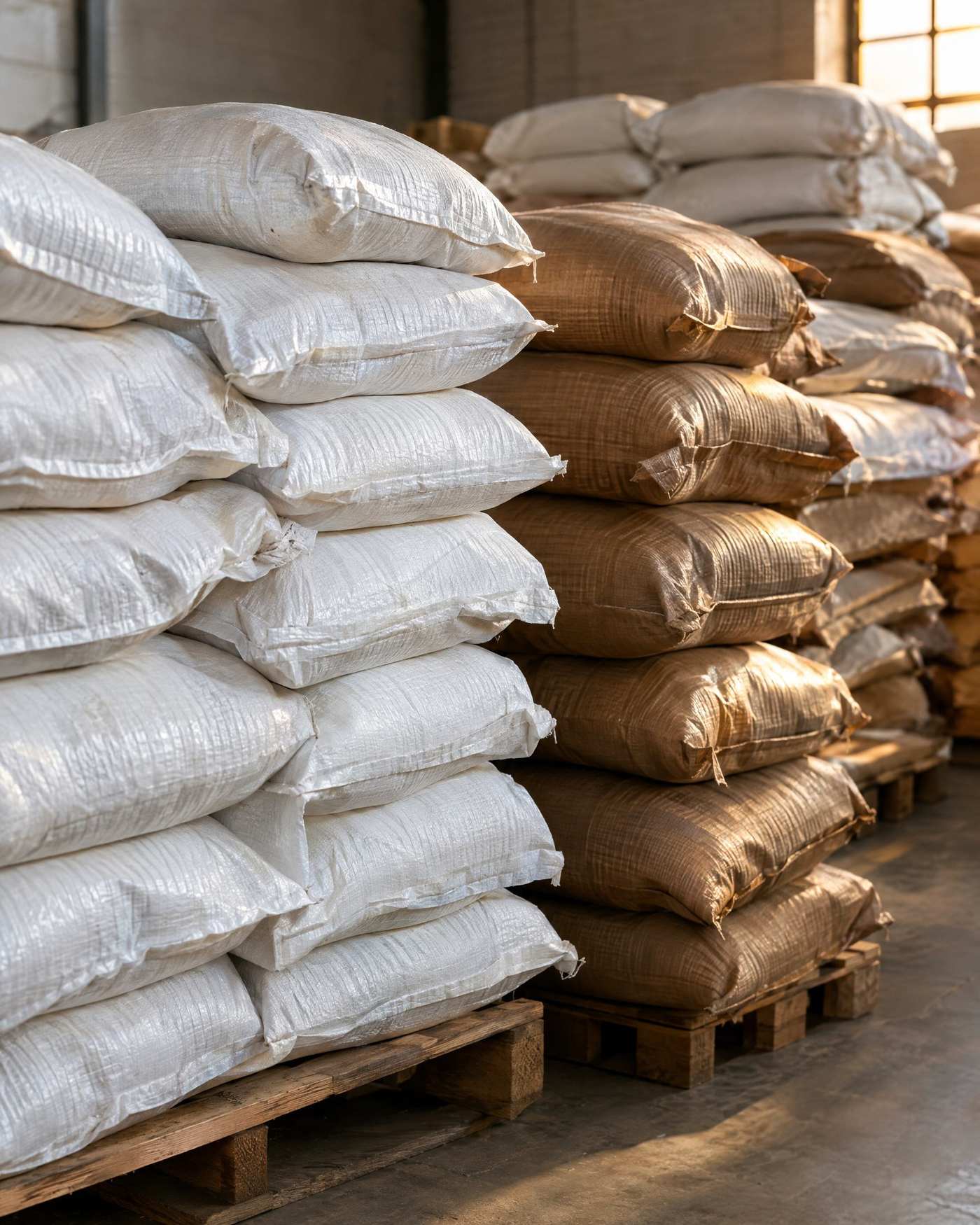 Stacked plain white and brown woven bags on wooden pallets