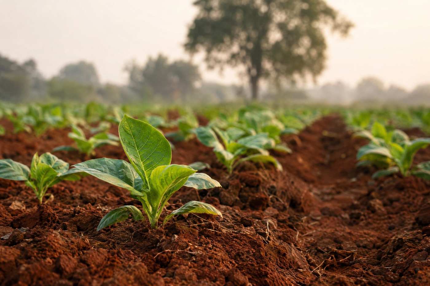 Young tobacco seedlings in red-brown soil