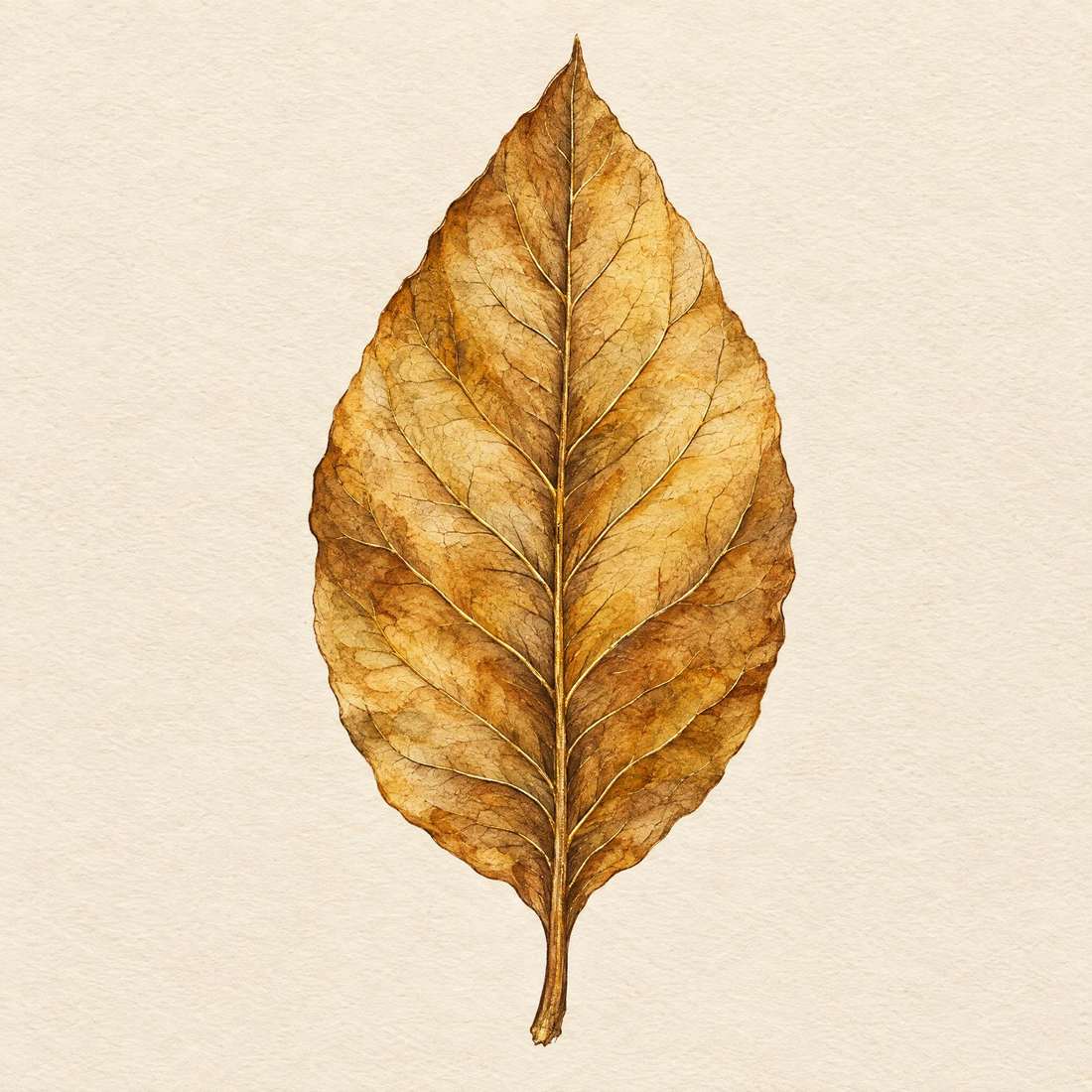 Single hand-drawn leaf in sepia ink with gold vein accents on cream paper
