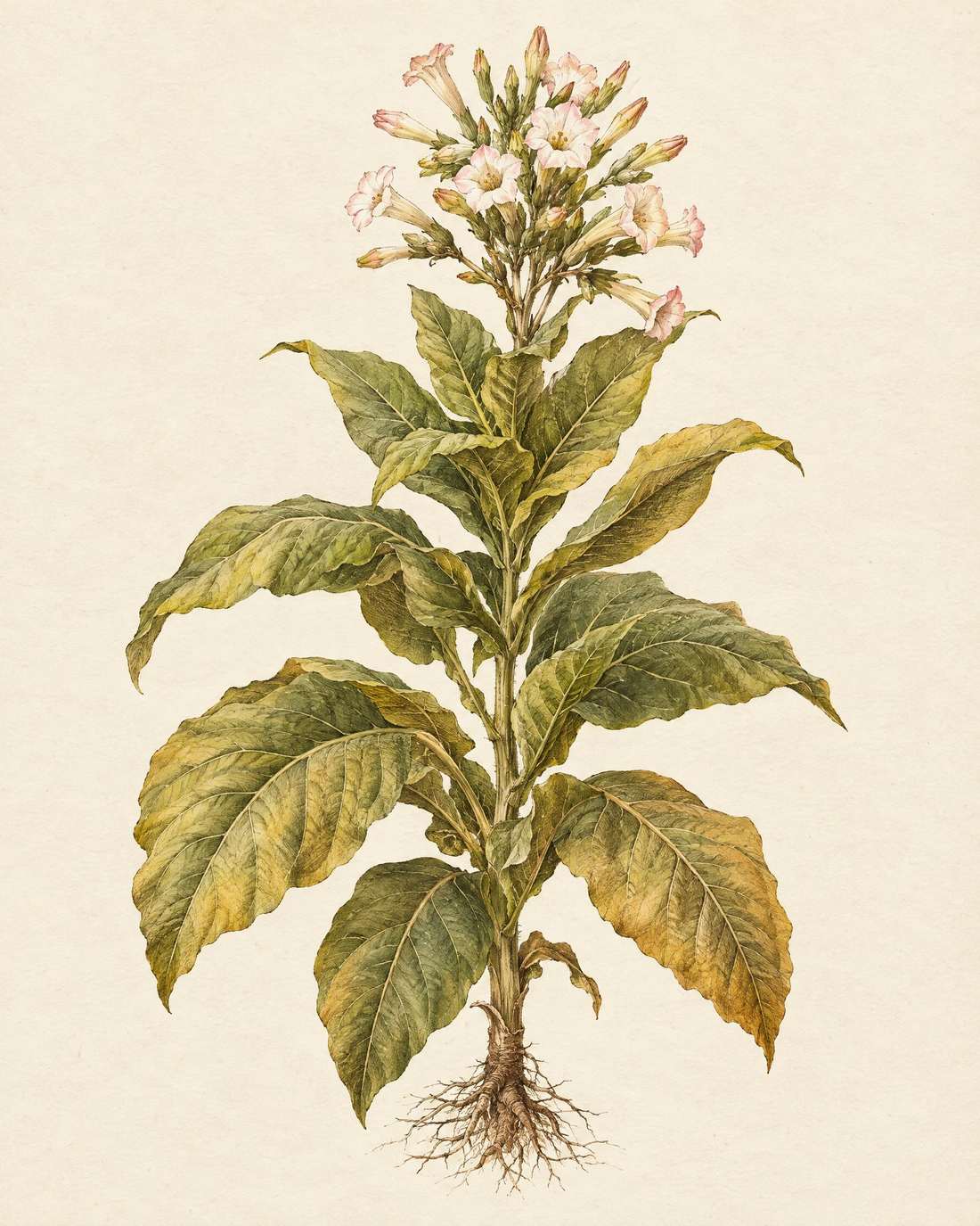 Botanical ink and watercolour illustration of a flowering tobacco plant on cream paper