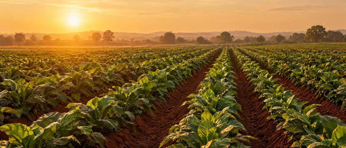 Golden-hour farmland with rows of broad-leaved crop and red-brown furrows