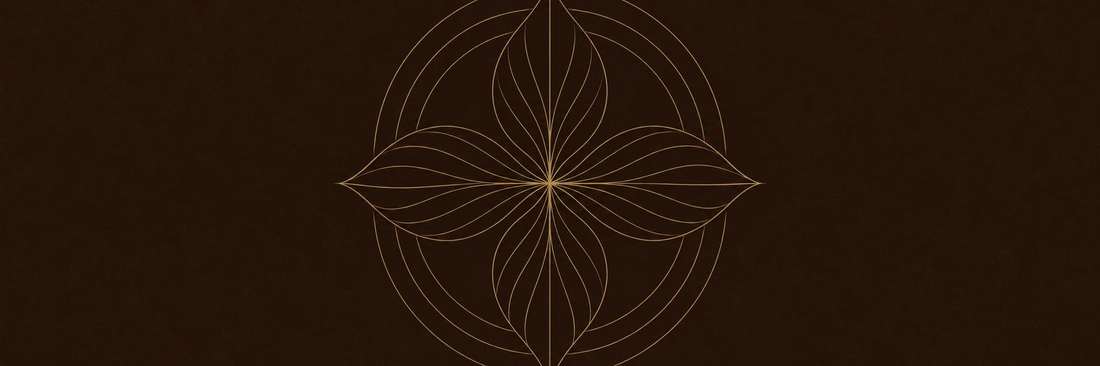Thin gold leaf-vein and concentric-arc linework on dark espresso brown