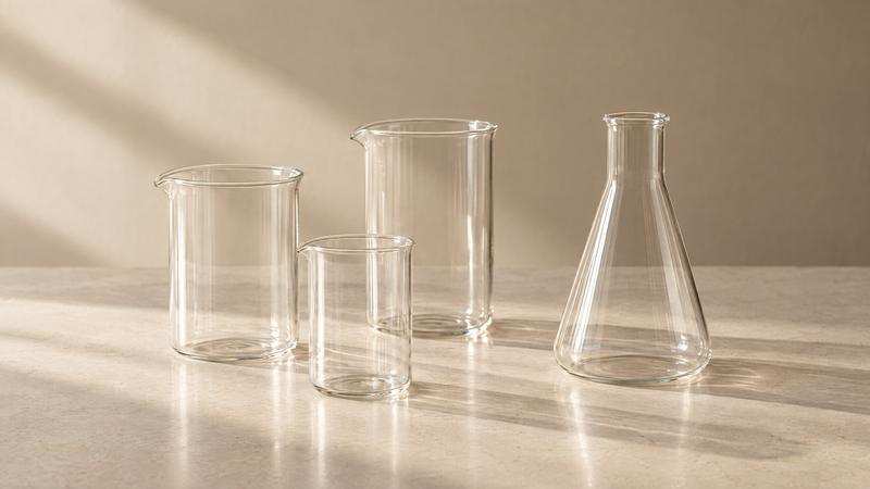 Empty glass beakers and conical flask on a pale bench in warm light