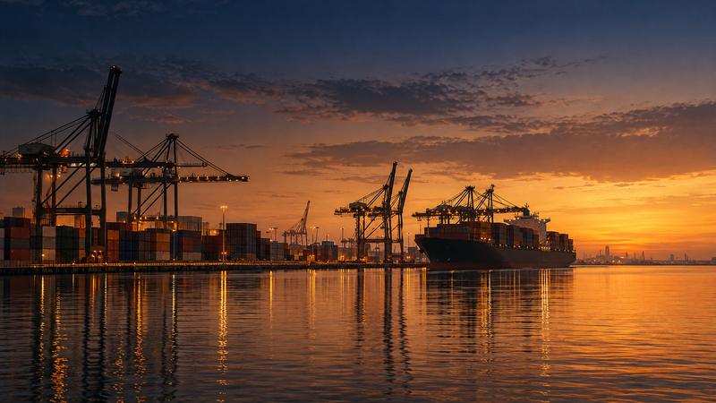 Container port at dusk across calm water, cranes and a cargo ship in silhouette