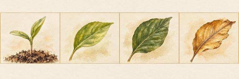 Four-panel hand-drawn strip of a leaf from seedling to dried golden leaf